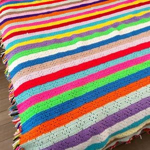 Vintage Handmade Striped Fringe Crochet Afghan Throw Blanket Lap Quilt 54” X 62”